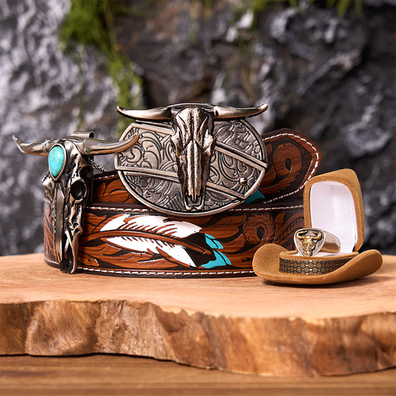 Longhorn Skull DIY Hidden Knife Belt Buckle With Bull Ring Bundle Set (PRE-SALE) - Longhorn Skull - Brown Feather Belt - 40 - image 0