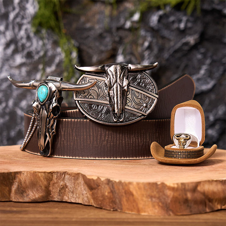 Longhorn Skull DIY Hidden Knife Belt Buckle With Bull Ring Bundle Set (PRE-SALE) - Longhorn Skull - Brown Distressed Belt - 42 - image 6