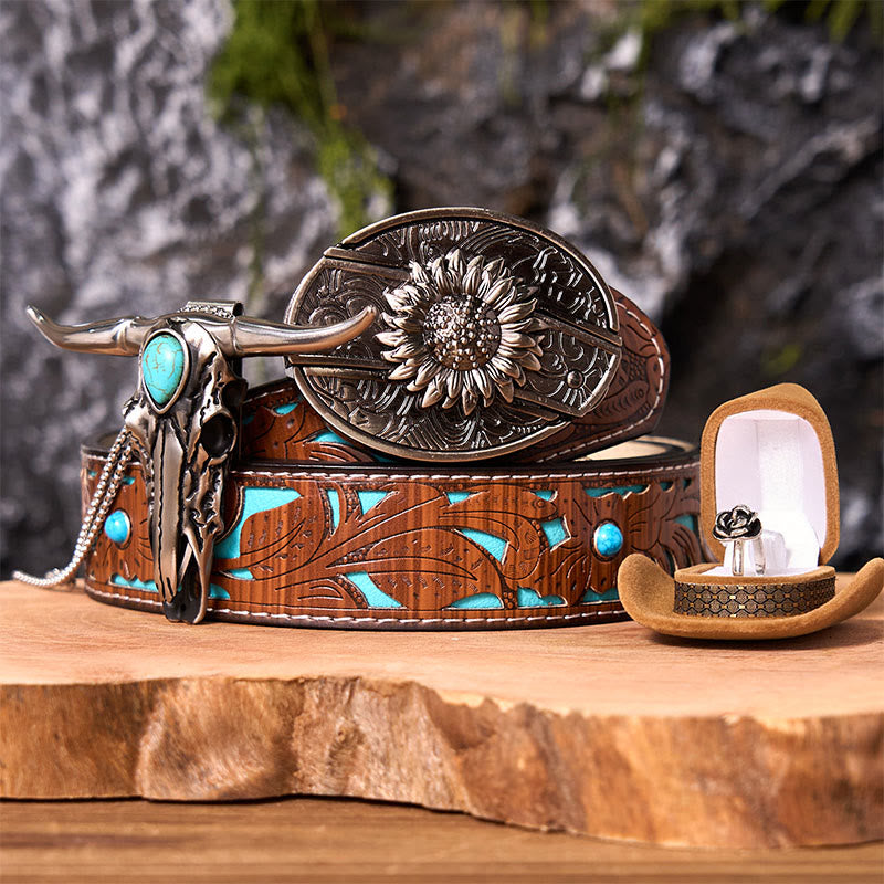 Sunflower DIY Hidden Knife Belt Buckle With Longhorn Pendant Bundle Set (PRE-SALE) - Sunflower - Turquoise Carved Belt - 42 - image 0