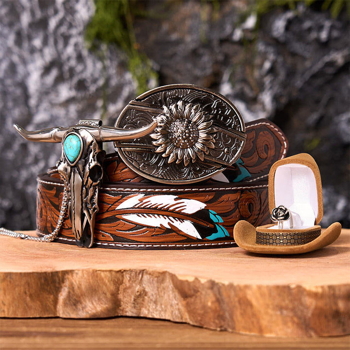 Sunflower DIY Hidden Knife Belt Buckle With Longhorn Pendant Bundle Set (PRE-SALE) - Sunflower - Brown Feather Belt - 40 - image 8