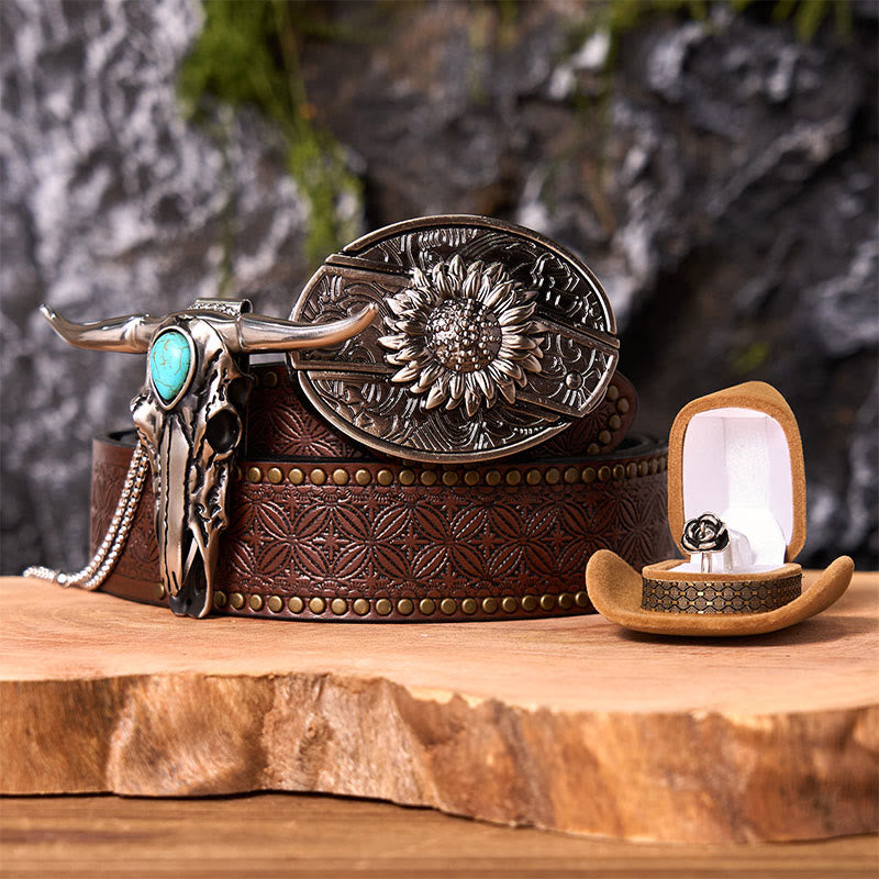 Sunflower DIY Hidden Knife Belt Buckle With Longhorn Pendant Bundle Set (PRE-SALE) - Sunflower - Brown Rivet Belt - 42 - image 5