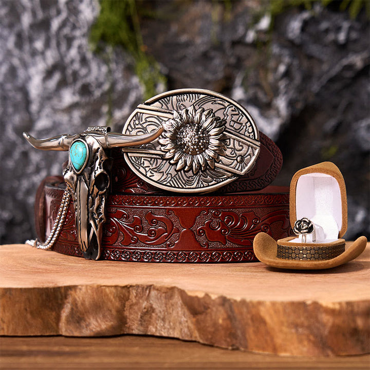 Sunflower DIY Hidden Knife Belt Buckle With Longhorn Pendant Bundle Set (PRE-SALE) - Sunflower - Brown Carved Belt - 42 - image 7