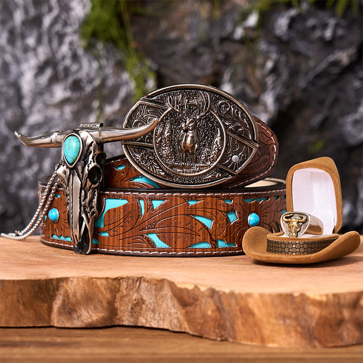 Forest Deer DIY Hidden Knife Belt Buckle With Bull Ring Bundle Set (PRE-SALE) - Forest Deer - Turquoise Carved Belt - 42 - image 0