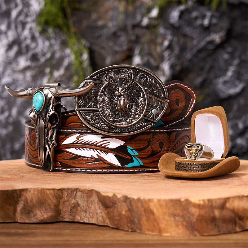 Forest Deer DIY Hidden Knife Belt Buckle With Bull Ring Bundle Set (PRE-SALE) - Forest Deer - Brown Feather Belt - 40 - image 7