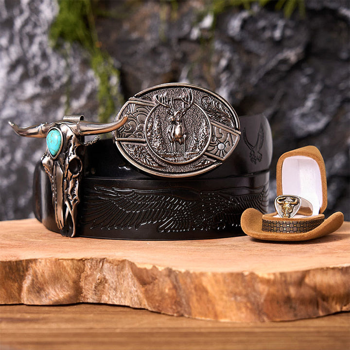 Forest Deer DIY Hidden Knife Belt Buckle With Bull Ring Bundle Set (PRE-SALE) - Forest Deer - Black Embossed Eagle Belt - 42 - image 3