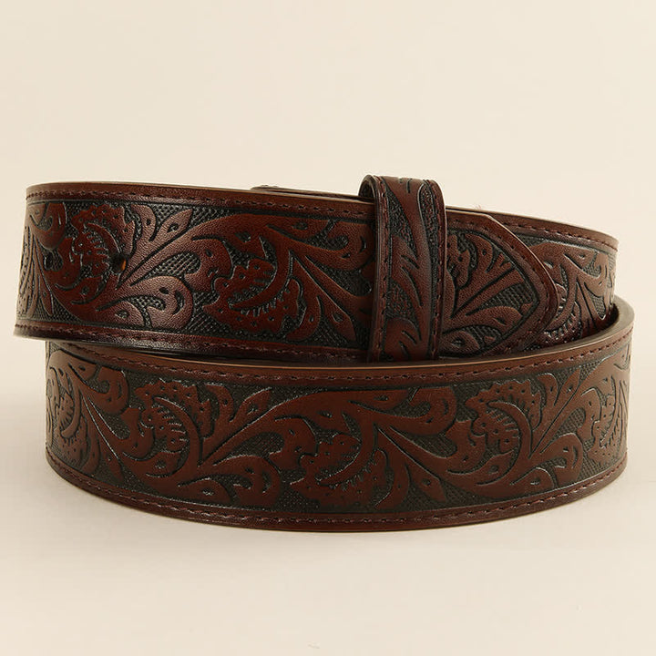Western Flower Embossed DIY Leather Belt Strap without Belt Buckle - Coffee - 46 - image 5