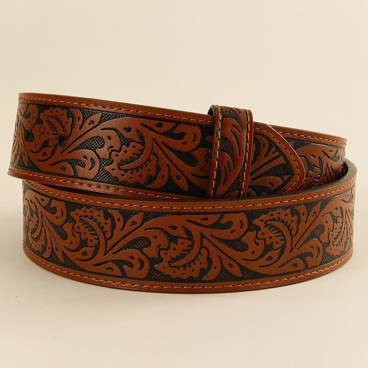 Western Flower Embossed DIY Leather Belt Strap without Belt Buckle - Brown - 46 - image 7