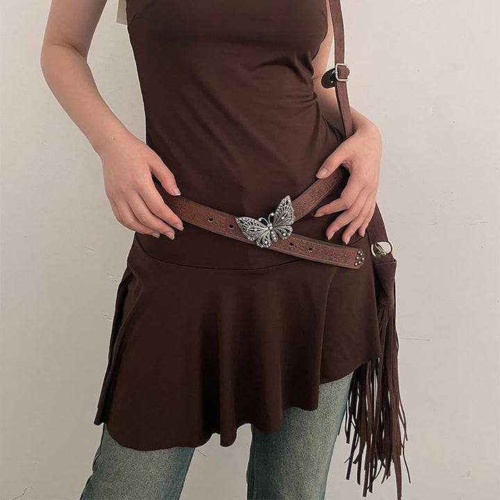 Women's Cowgirl Embossed Floral Butterfly Buckle Leather Belt