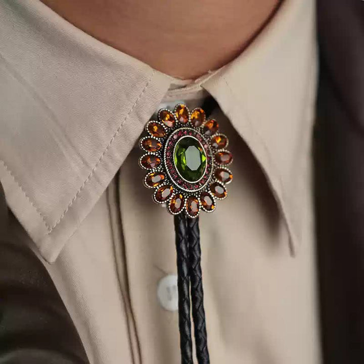 Solar Orange Green Crystal Flower Bolo Tie