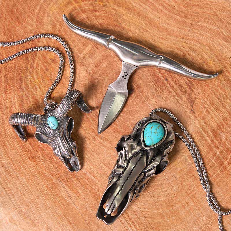 Longhorn Bull Pendant Turquoise Ram Horn Head Necklace Bundle Set - image 1