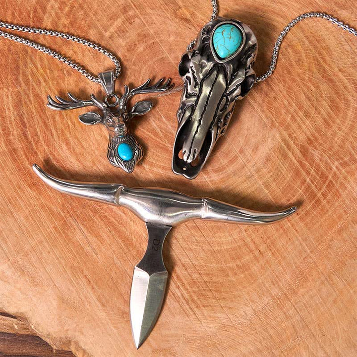 Longhorn Bull Pendant Turquoise Elk Head Necklace Bundle Set