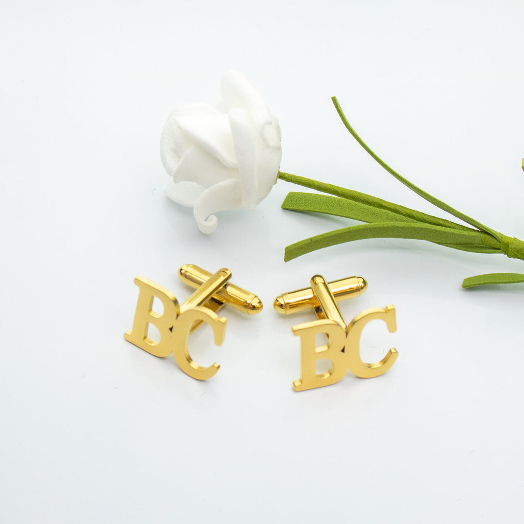 1 Pair Custom Letter Button Covers Set Suit Cufflinks - Gold - With Wood Box - image 2