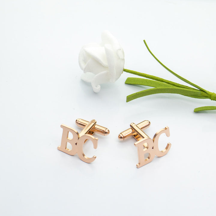 1 Pair Custom Letter Button Covers Set Suit Cufflinks - Rose Gold - With Wood Box - image 5