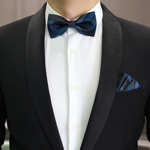 Men's Noble Navy SteelBlue Striped Pattern Bow Tie - Style #1 - Bow Tie & Pocket Square - image 4