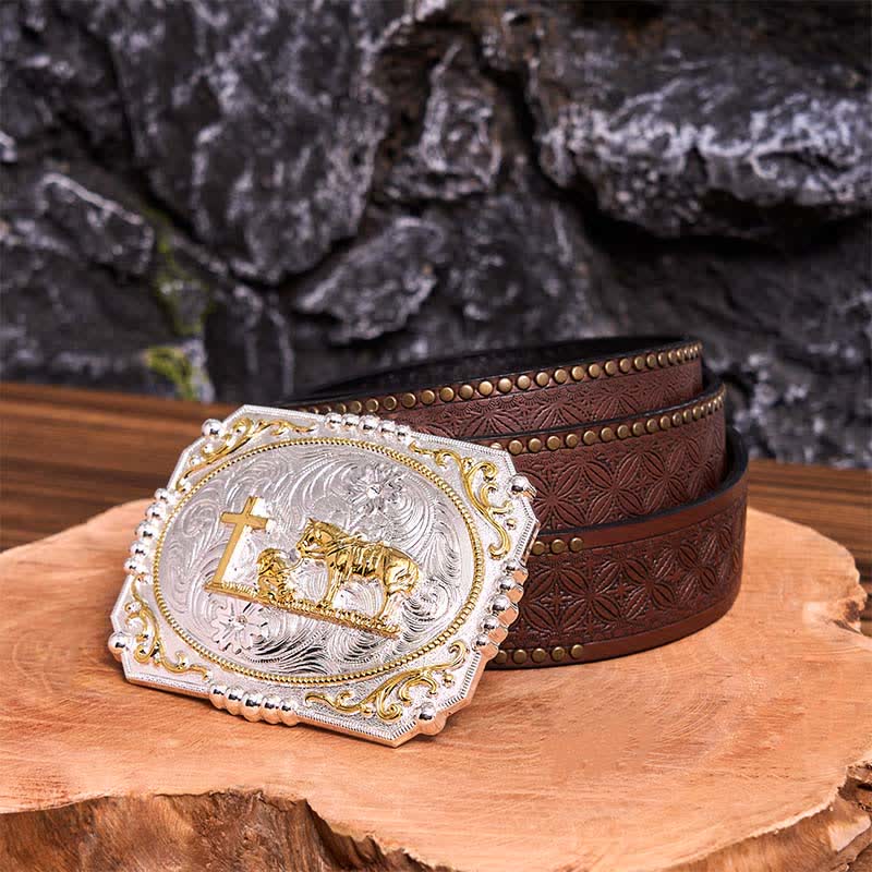 Silver & Gold DIY Cowboy Praying Cross Horse Large Buckle Leather Belt - Prayer - Brown Rivet Belt - 42 - image 6
