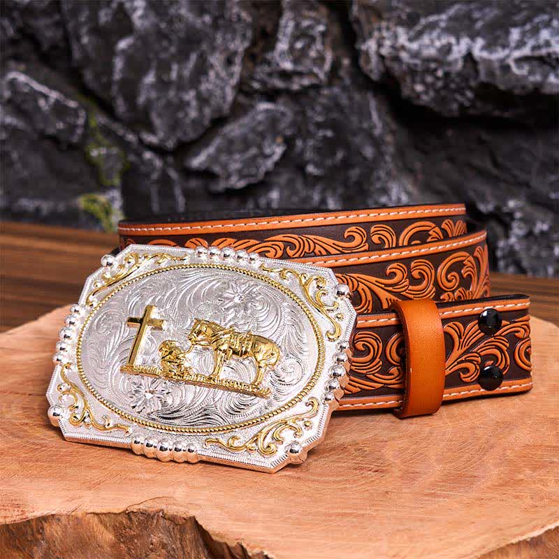 Silver & Gold DIY Cowboy Praying Cross Horse Large Buckle Leather Belt - Prayer - Orange Embossed Floral Belt - 42 - image 8