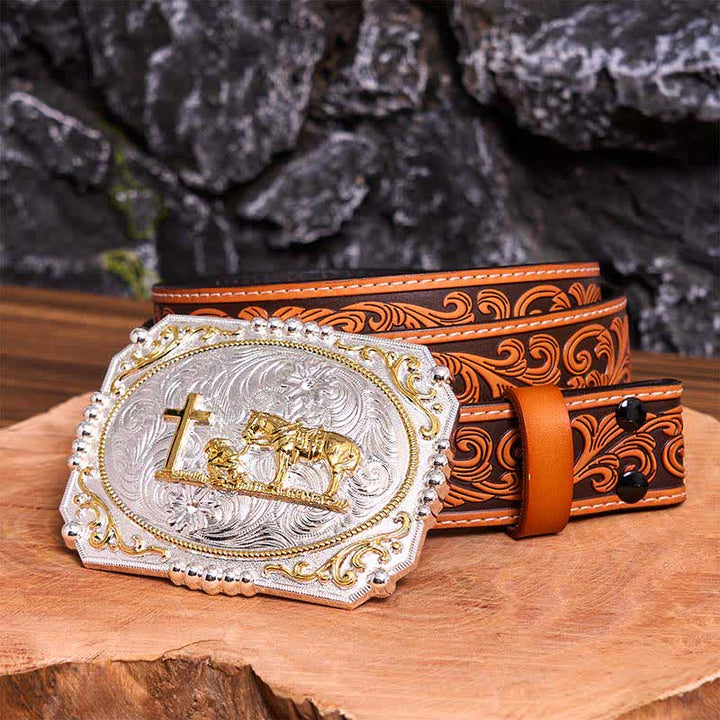 Silver & Gold DIY Cowboy Praying Cross Horse Large Buckle Leather Belt - Prayer - Orange Embossed Floral Belt - 42 - image 8