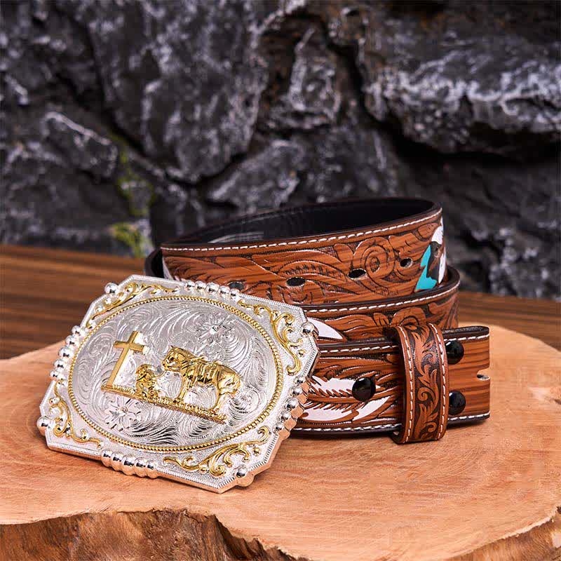 Silver & Gold DIY Cowboy Praying Cross Horse Large Buckle Leather Belt - Prayer - Brown Feather Belt - 40 - image 9