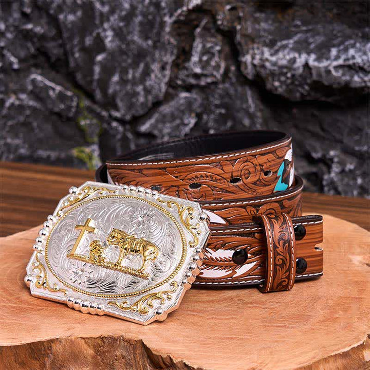 Silver & Gold DIY Cowboy Praying Cross Horse Large Buckle Leather Belt - Prayer - Brown Feather Belt - 40 - image 9
