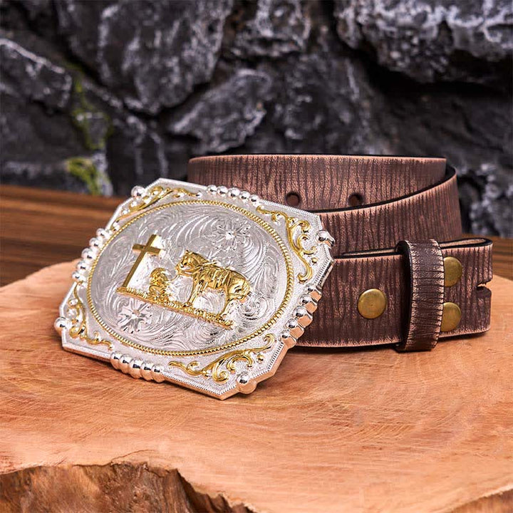 Silver & Gold DIY Cowboy Praying Cross Horse Large Buckle Leather Belt - Prayer - Brown Distressed Belt - 42 - image 7