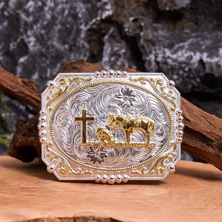 Silver & Gold DIY Cowboy Praying Cross Horse Large Buckle Leather Belt - Prayer - Without Belt - Not Included Belt - image 0