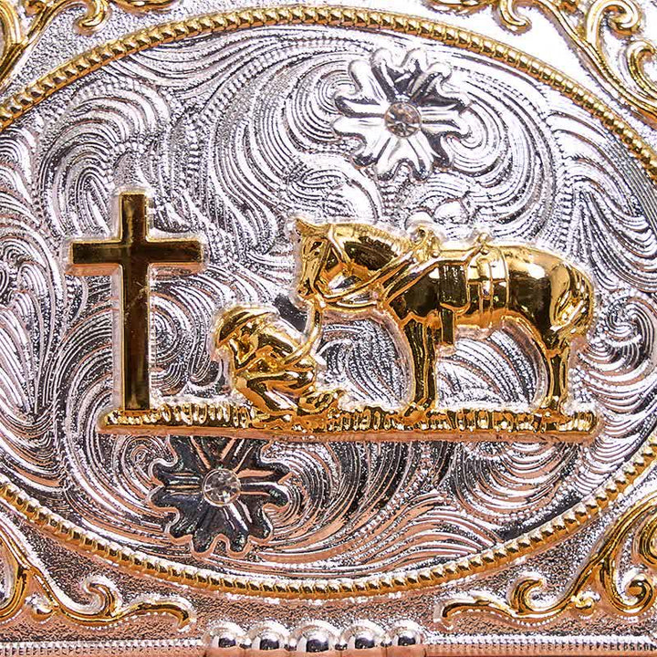Silver & Gold DIY Cowboy Praying Cross Horse Large Buckle Leather Belt - image 1