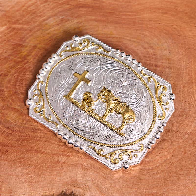 Silver & Gold DIY Cowboy Praying Cross Horse Large Buckle Leather Belt - image 3