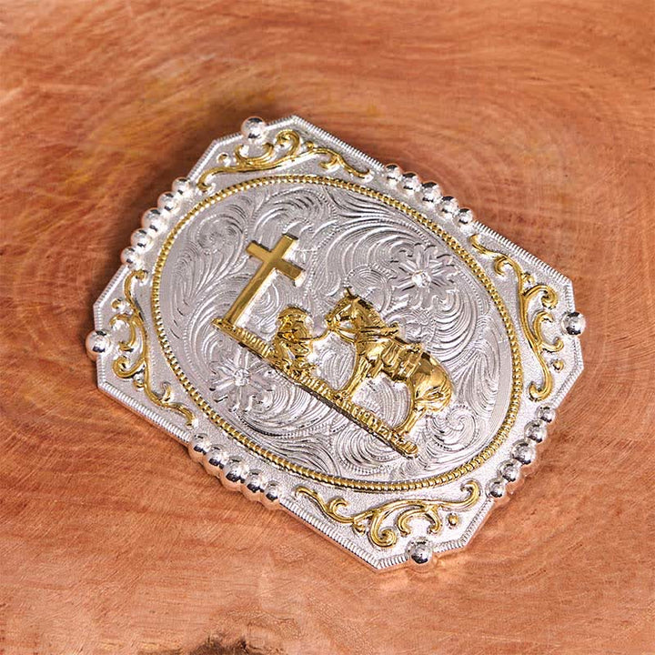 Silver & Gold DIY Cowboy Praying Cross Horse Large Buckle Leather Belt - image 3