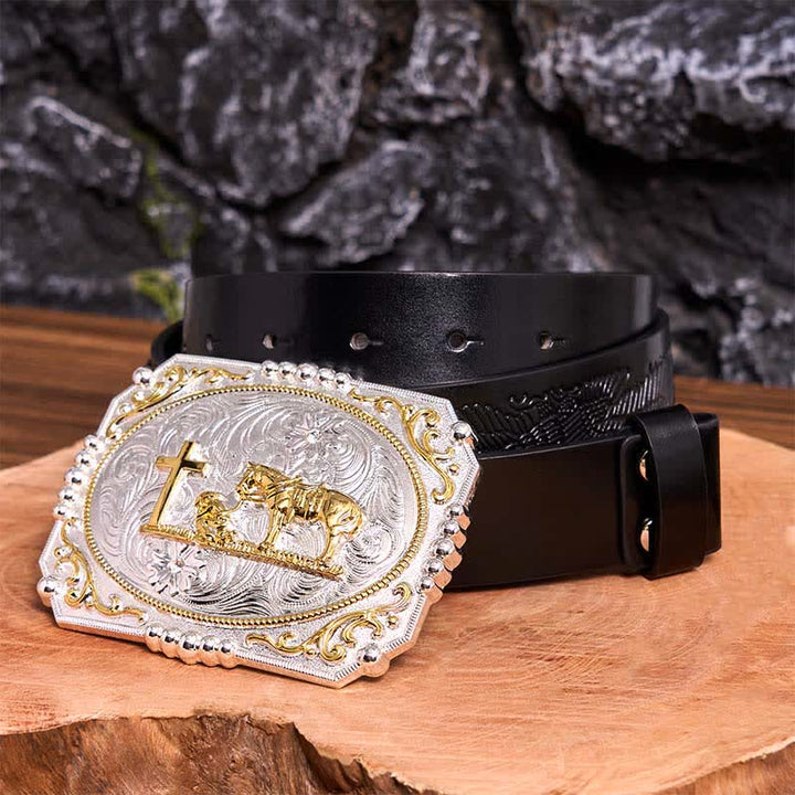Silver & Gold DIY Cowboy Praying Cross Horse Large Buckle Leather Belt - Prayer - Black Embossed Eagle Belt - 42 - image 4
