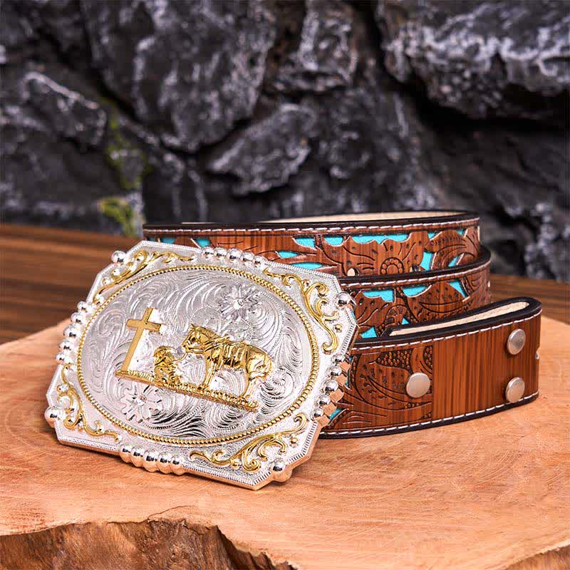 Silver & Gold DIY Cowboy Praying Cross Horse Large Buckle Leather Belt - Prayer - Turquoise Carved Belt - 42 - image 5