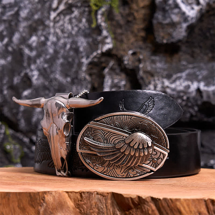 Angel Wing DIY Hidden Knife Belt Buckle Longhorn Bull Pendant Bundle Set - Wing - Black Embossed Eagle Belt - 42 - image 4