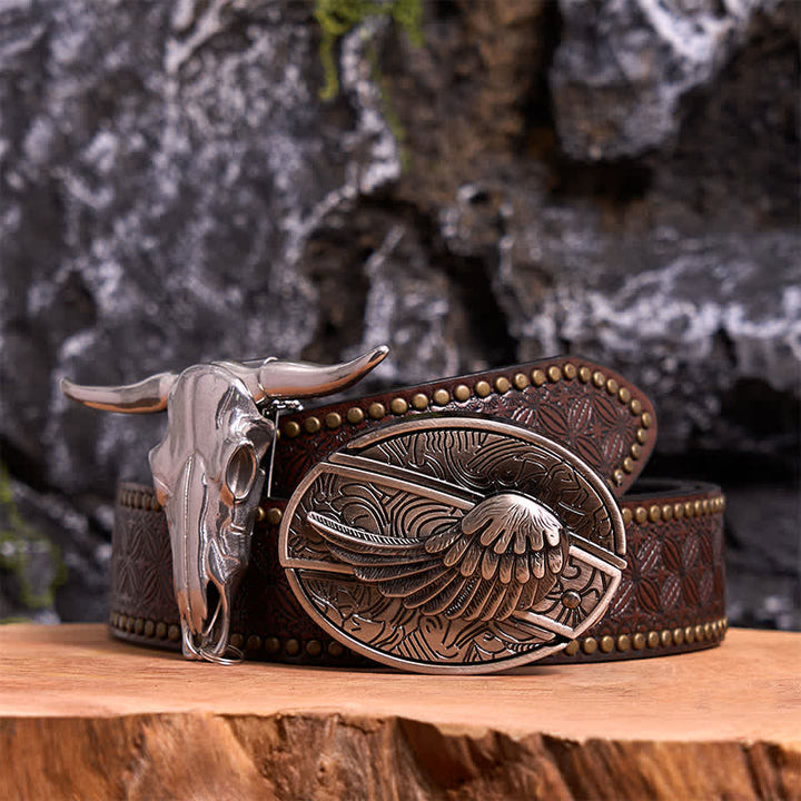 Angel Wing DIY Hidden Knife Belt Buckle Longhorn Bull Pendant Bundle Set - Wing - Brown Rivet Belt - 42 - image 5