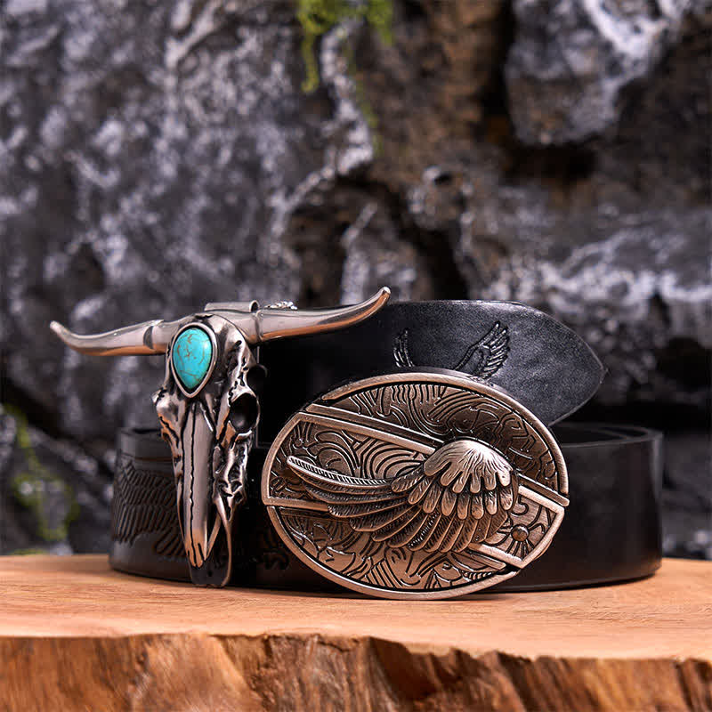 Angel Wing DIY Hidden Knife Belt Buckle Turquoise Longhorn Bull Pendant Bundle Set (PRE-SALE) - Wing - Black Embossed Eagle Belt - 42 - image 4