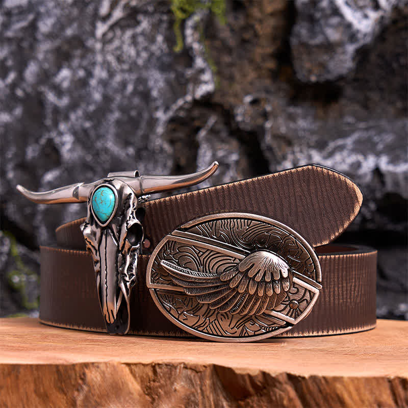 Angel Wing DIY Hidden Knife Belt Buckle Turquoise Longhorn Bull Pendant Bundle Set (PRE-SALE) - Wing - Brown Distressed Belt - 42 - image 6
