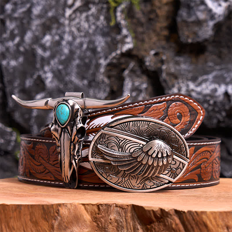Angel Wing DIY Hidden Knife Belt Buckle Turquoise Longhorn Bull Pendant Bundle Set (PRE-SALE) - Wing - Brown Feather Belt - 40 - image 8