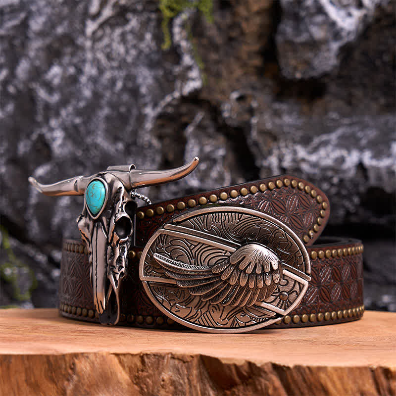 Angel Wing DIY Hidden Knife Belt Buckle Turquoise Longhorn Bull Pendant Bundle Set (PRE-SALE) - Wing - Brown Rivet Belt - 42 - image 5