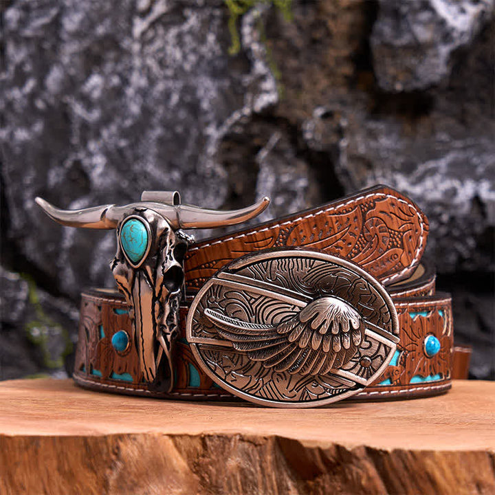 Angel Wing DIY Hidden Knife Belt Buckle Turquoise Longhorn Bull Pendant Bundle Set (PRE-SALE) - Wing - Turquoise Carved Belt - 42 - image 0
