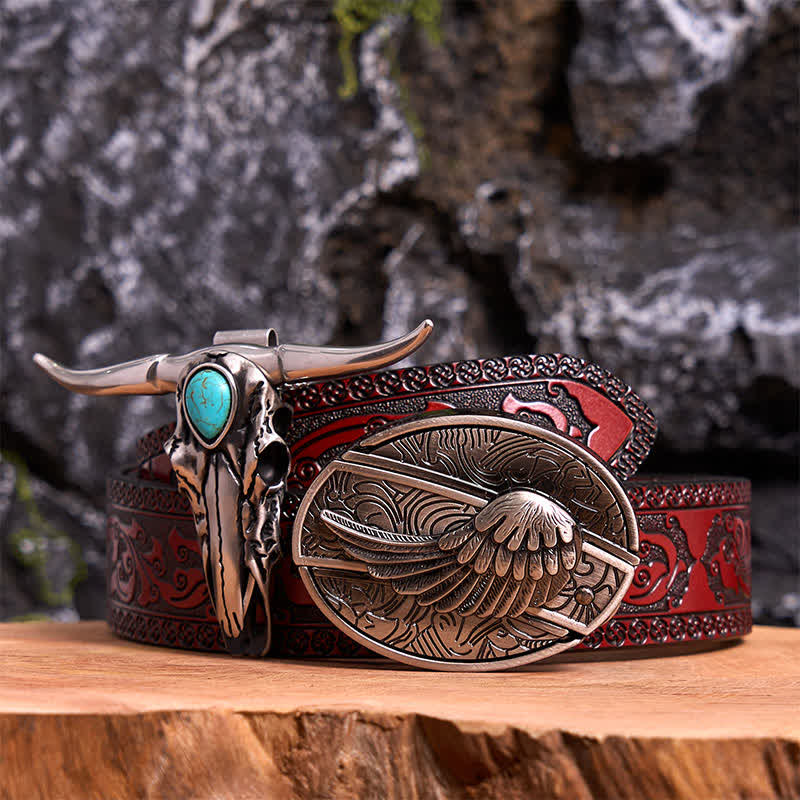 Angel Wing DIY Hidden Knife Belt Buckle Turquoise Longhorn Bull Pendant Bundle Set (PRE-SALE) - Wing - Brown Carved Belt - 42 - image 7