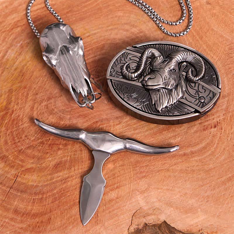 Goat DIY Hidden Knife Belt Buckle Longhorn Pendant Cross Necklace Bundle Set - image 2