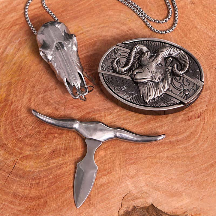 Goat DIY Hidden Knife Belt Buckle Longhorn Pendant Cross Necklace Bundle Set - image 2