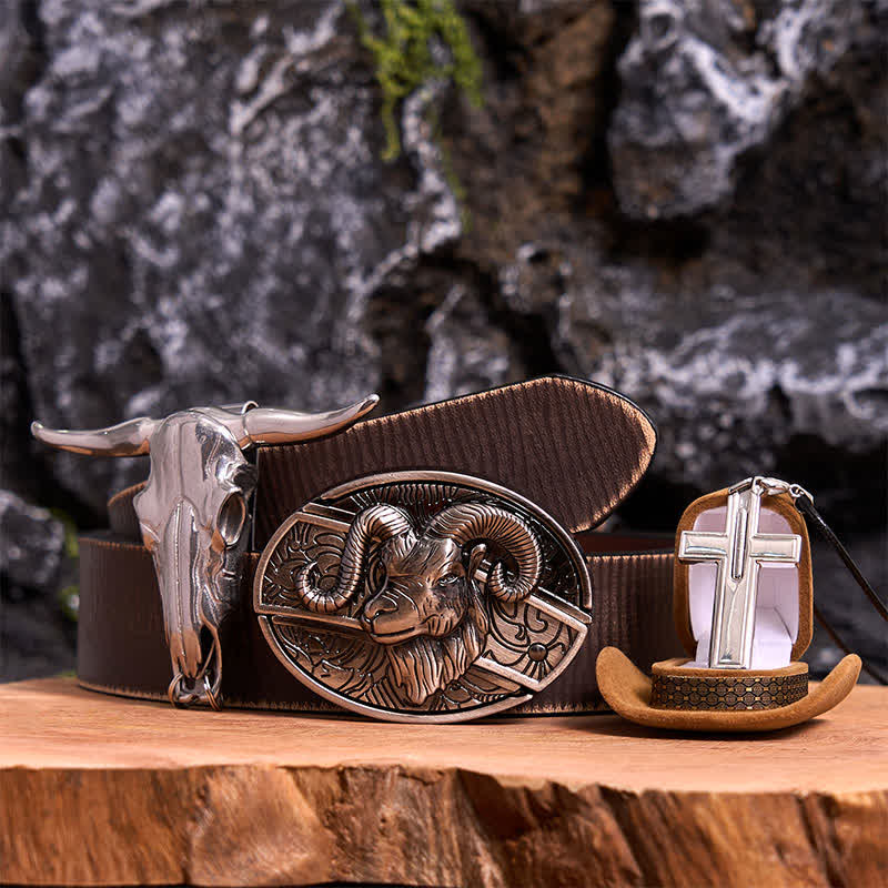 Goat DIY Hidden Knife Belt Buckle Longhorn Pendant Cross Necklace Bundle Set - Goat - Brown Distressed Belt - 42 - image 6