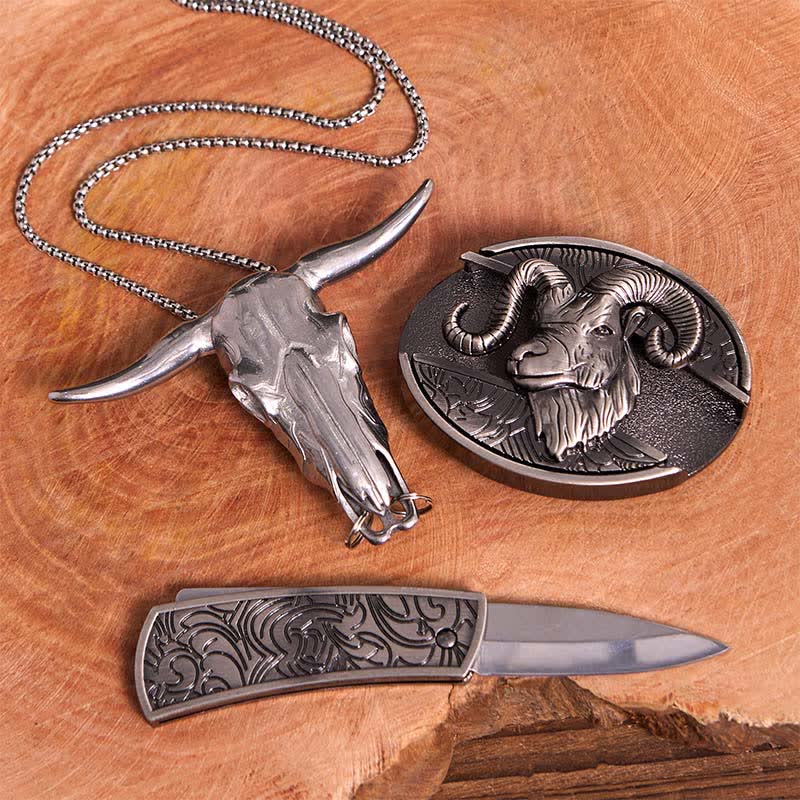Goat DIY Hidden Knife Belt Buckle Longhorn Pendant Cross Necklace Bundle Set - image 3
