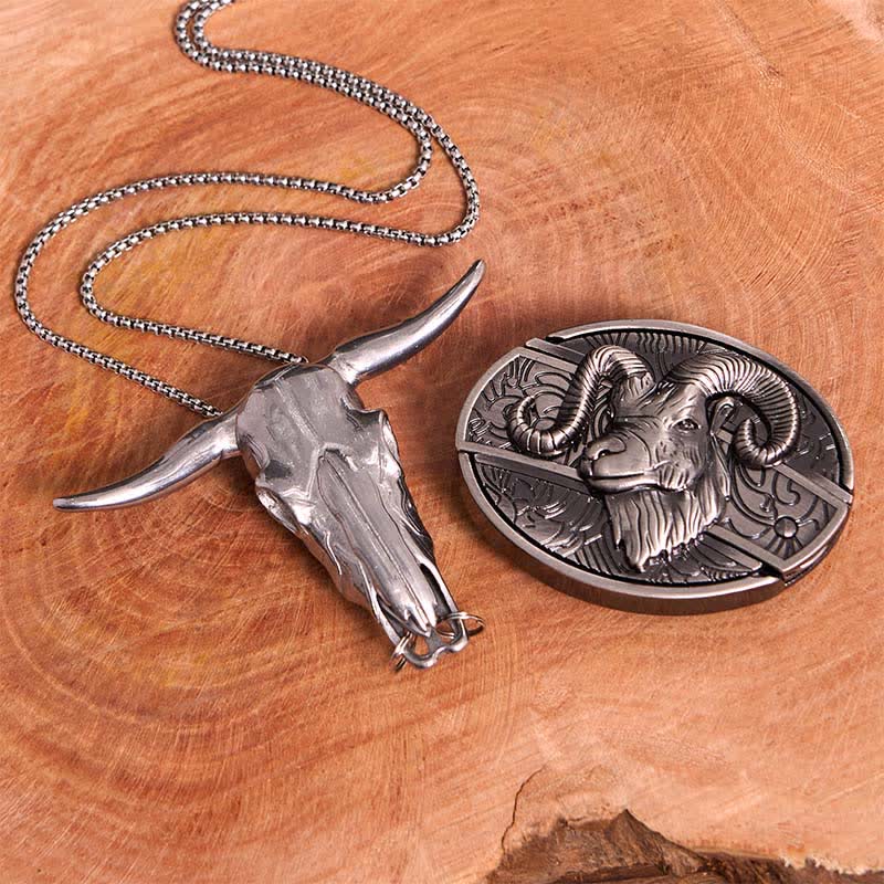 Goat DIY Hidden Knife Belt Buckle Longhorn Pendant Cross Necklace Bundle Set - image 1