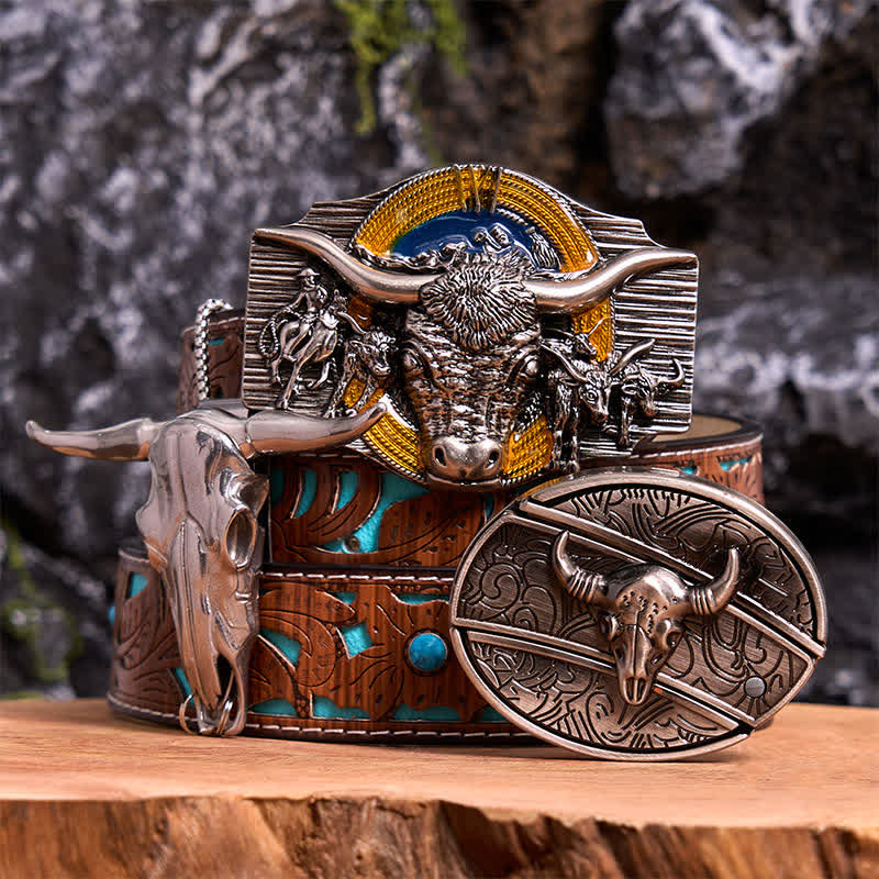 Longhorn Bull Theme DIY Hidden Knife Belt Buckle Pendant Bundle Set - Longhorn Bull - Turquoise Carved Belt - 42 - image 0