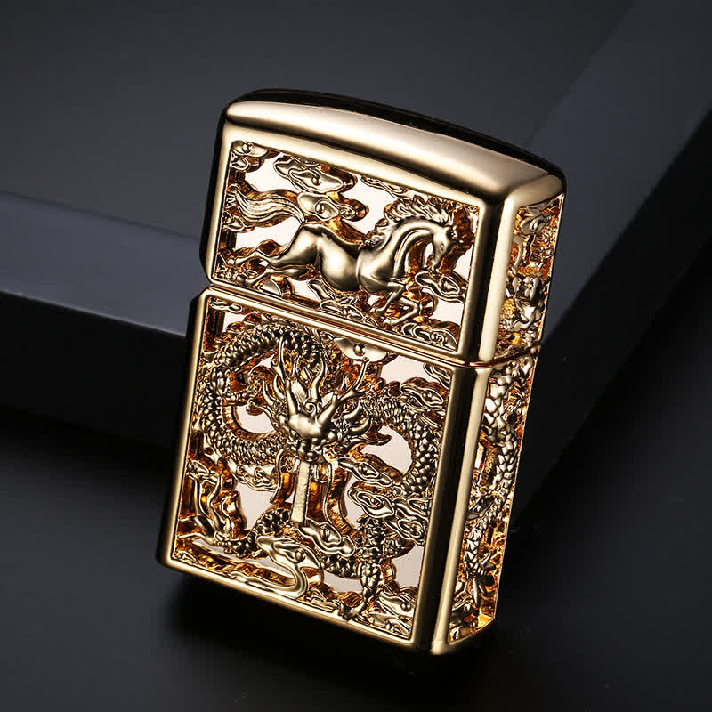 Embossed 3D Carving Dragon Refillable Kerosene Lighter - Antique Gold - image 0