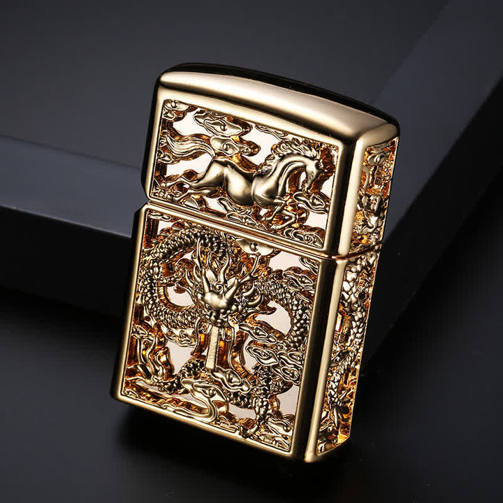 Embossed 3D Carving Dragon Refillable Kerosene Lighter - Antique Gold - image 7