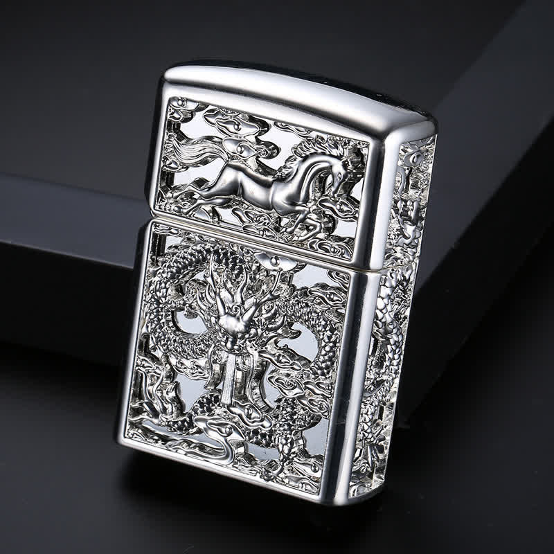 Embossed 3D Carving Dragon Refillable Kerosene Lighter - Antique Silver - image 2