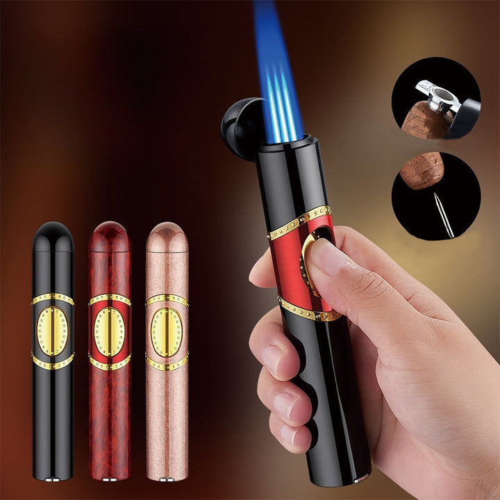 3 In 1 Triple Burner Lighter With Built-In Cigar Punch And Cigar Needle
