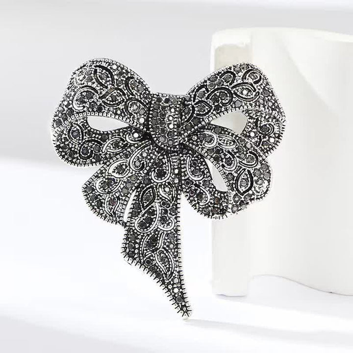 Women's Antique Silver Bow Knot Shape Rhinestones Brooch