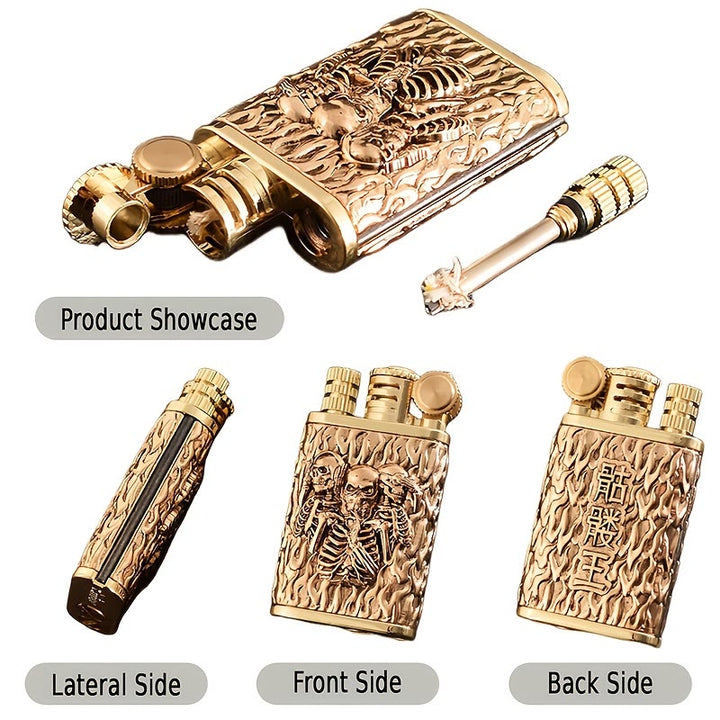 2-In-1 Permanent Match Flint Wheel Embossing Skull Kerosene Lighter